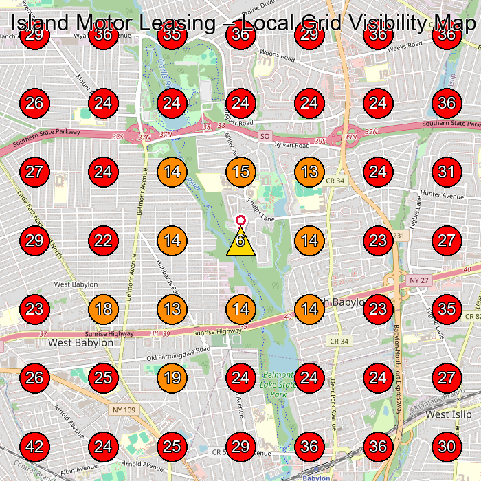 Island Motor Leasing GeoGrid visibility map for Used Car Dealer in West Babylon